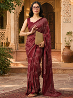 Satin Silk Printed Saree With Unstitched Blouse(Red)