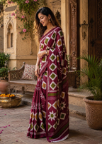 Soft Mulmul Cotton Batik Block-Printed Saree with Unstitched Blouse(Wine)