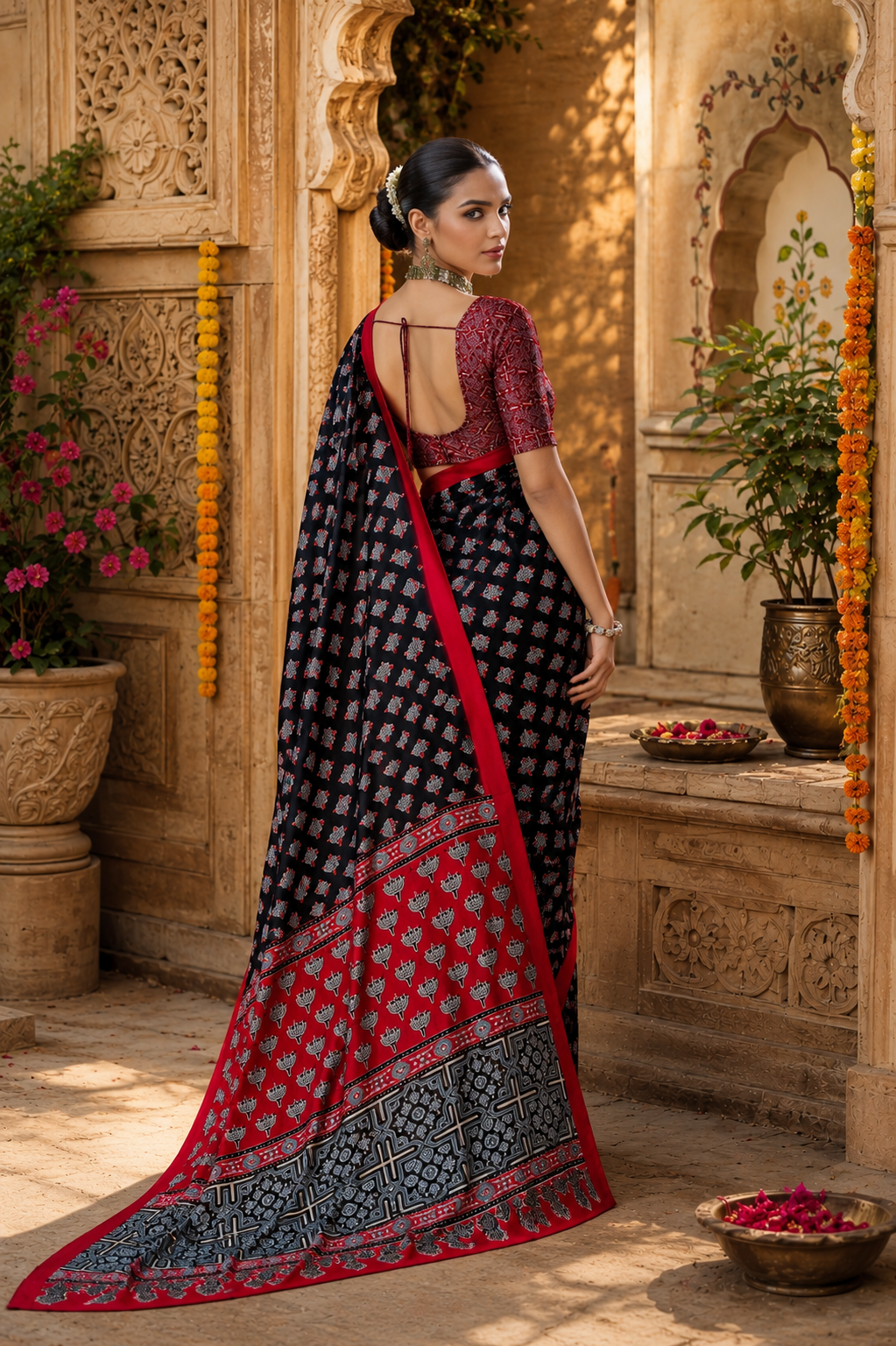 Satin Ajrakh Printed Saree With Unstitched Blouse(Black)