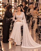 Glamourous Net Embroidery Work Saree With Unstitched Blouse(White)