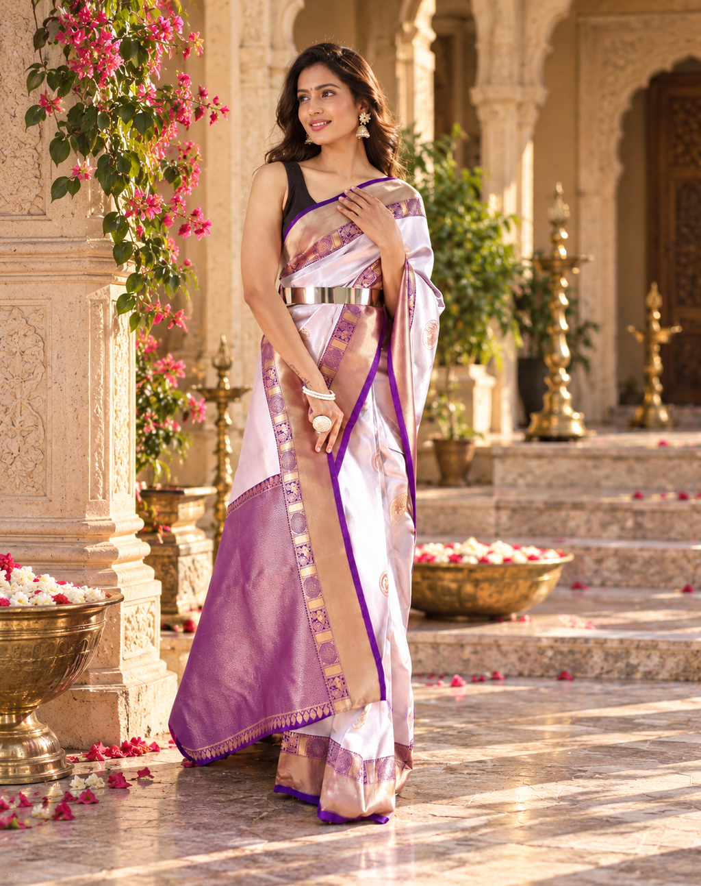 Art Silk Jacquard Work Saree With Unstitched Blouse(White)