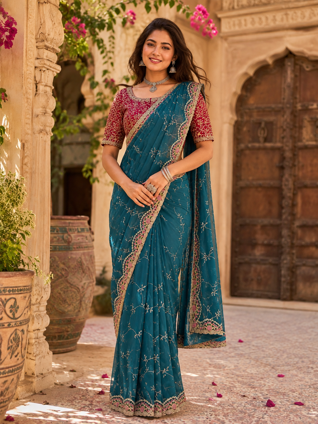 Premium Georgette Embroidery Thread Work Saree With Unstitched Blouse(Blue)