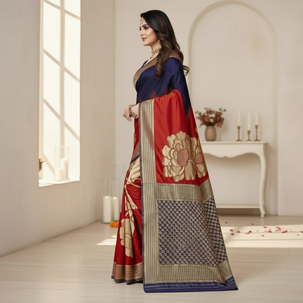 Women's Banarasi Silk Saree With Blouse (Navy Blue, Red, 5-6Mtrs) Kashvii