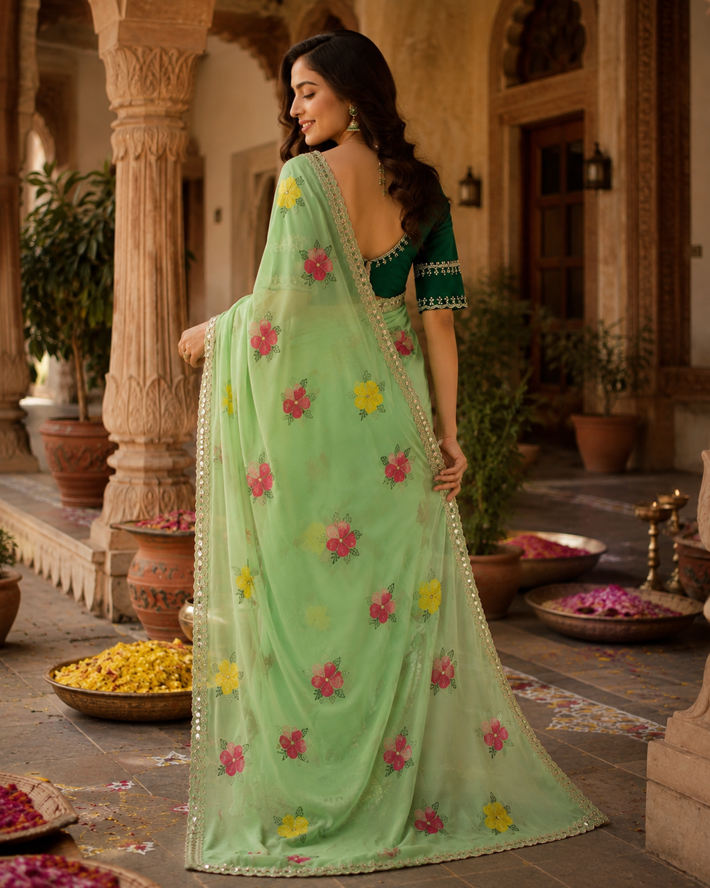 Soft Rangoli Silk Embroidery & Mirror Work saree With Unstitched Blouse(Green)