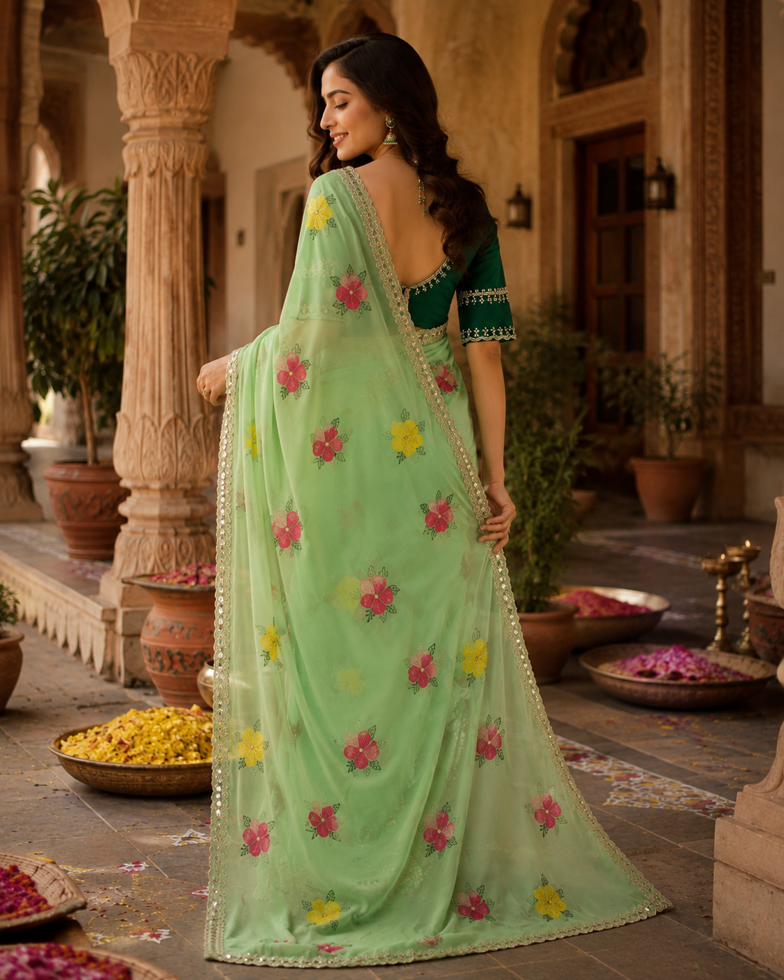 Soft Rangoli Silk Embroidery & Mirror Work saree With Unstitched Blouse(Green)