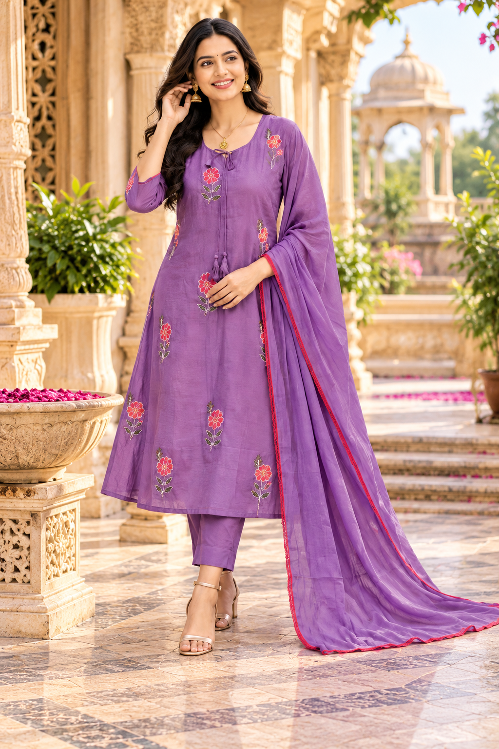 Chanderi Cotton Kurti Pant Set With Dupatta Set(Purple)