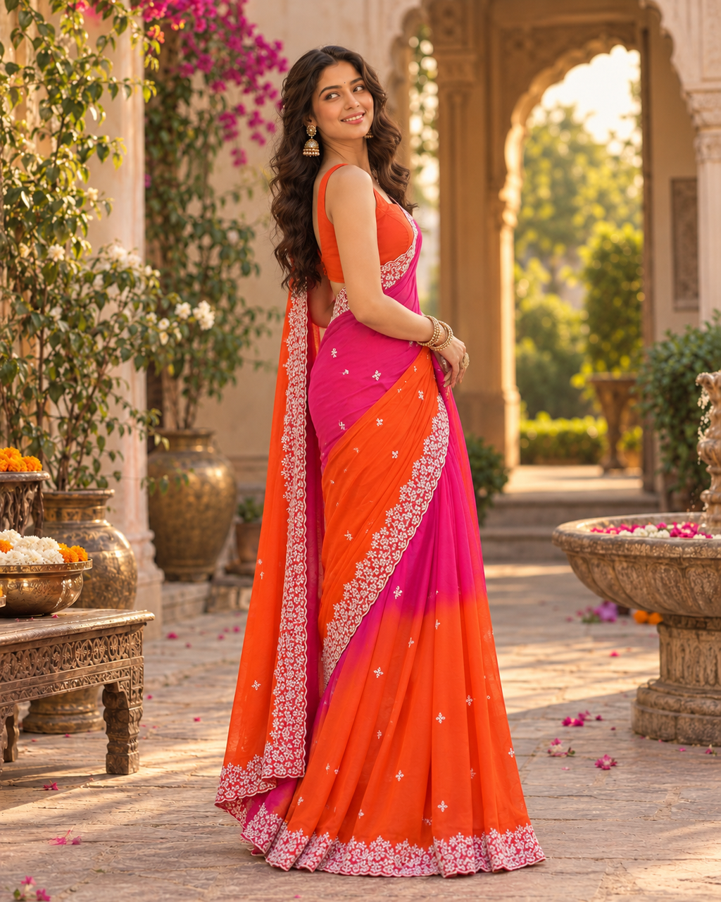 Chinon Silk Embroidery Work Saree With Unstitched Blouse(Orange)