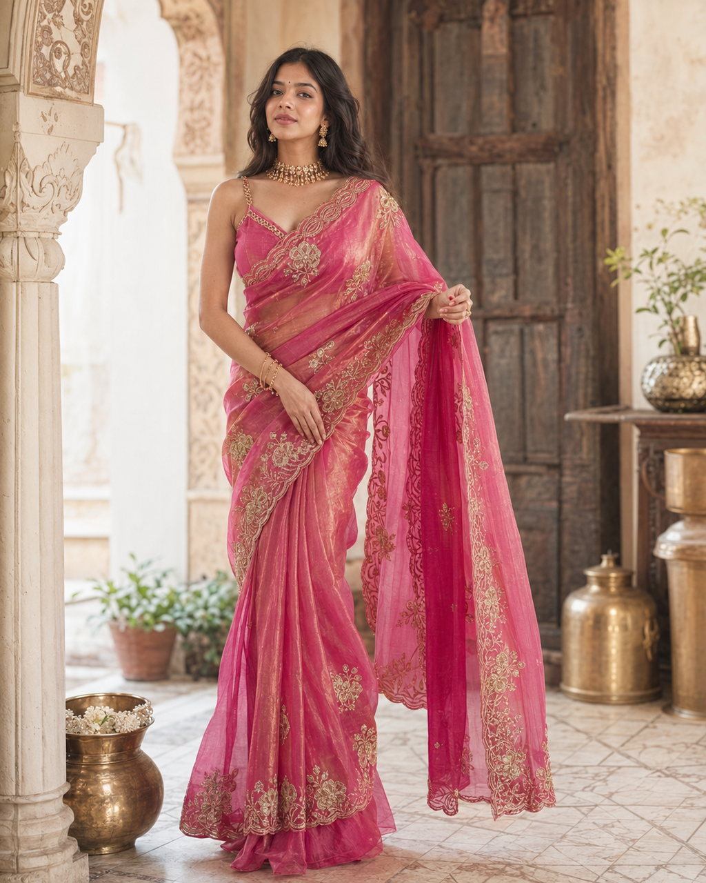 Satin Silk Embroidery Work Saree With Unstitched Blouse(Pink)