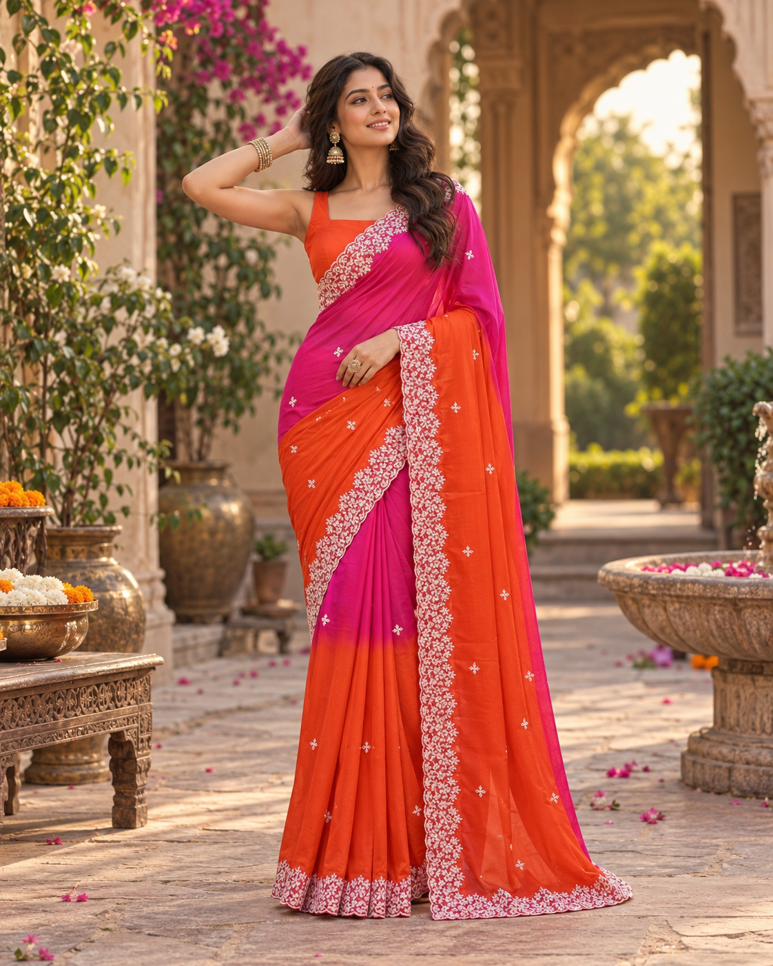Chinon Silk Embroidery Work Saree With Unstitched Blouse(Orange)
