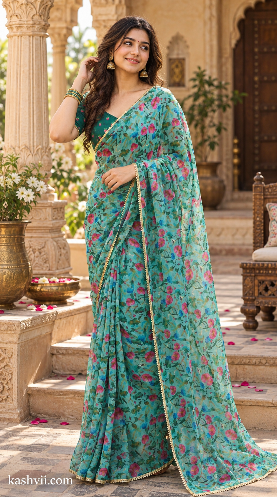 Georgette Digital Print Saree With Unstitched Blouse(Green)