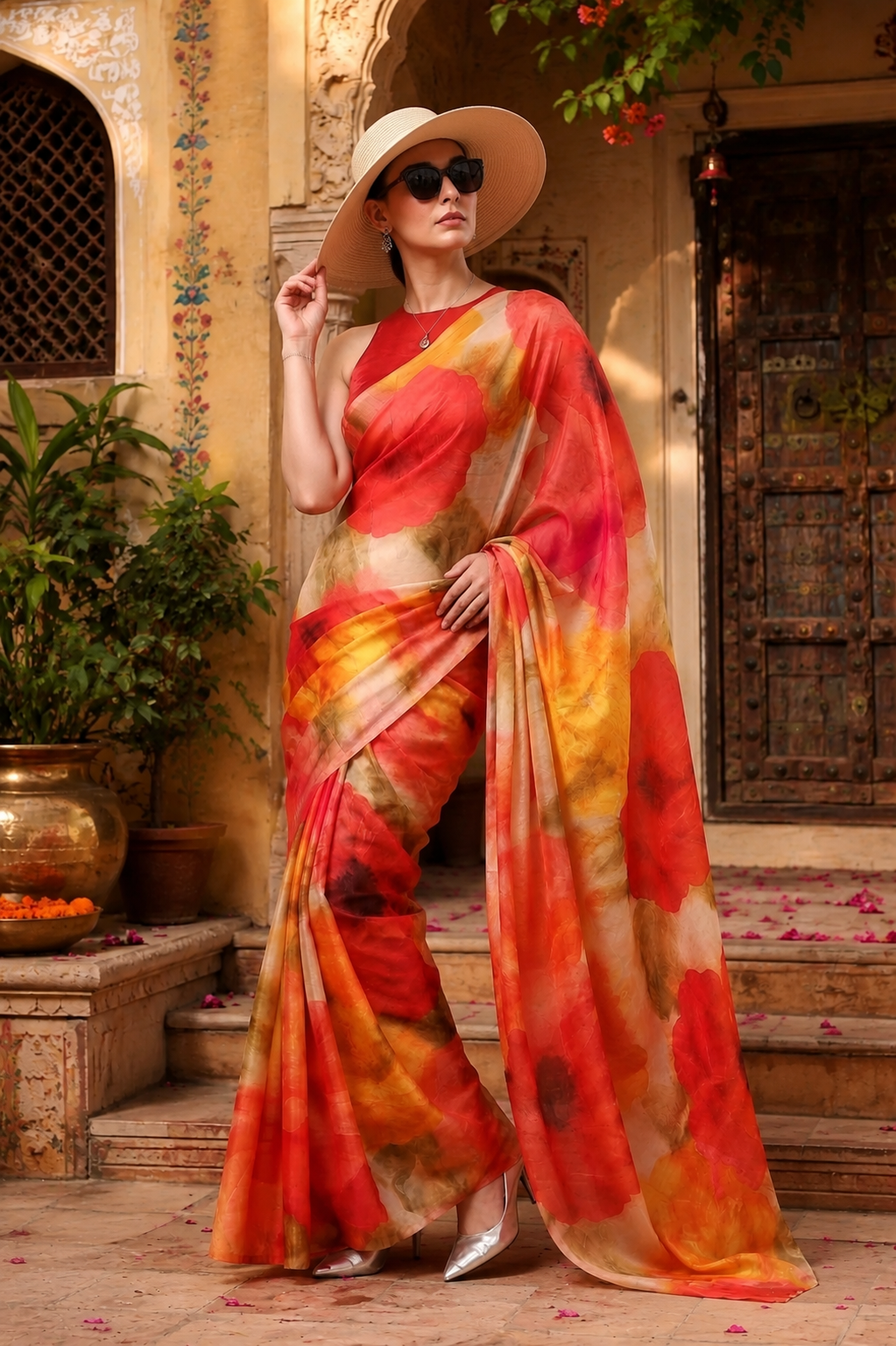 Satin Silk Party Wear Saree With Unstitched Blouse(Orange)