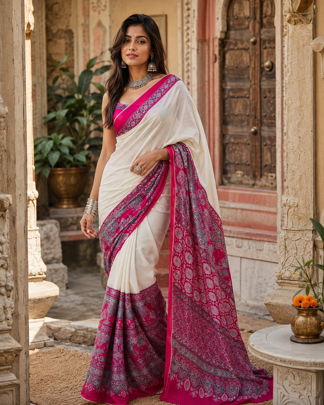 Satin Silk Printed Saree With Unstitched Blouse(Pink)