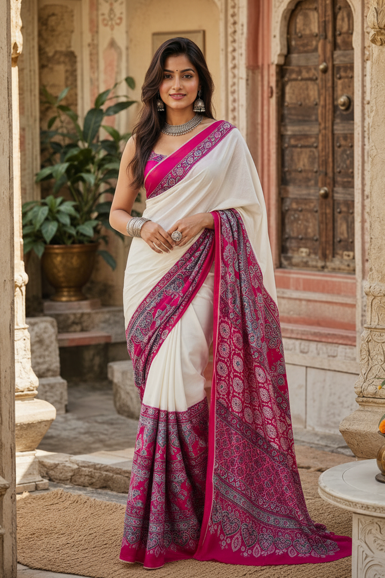 Satin Silk Printed Saree With Unstitched Blouse(Pink)
