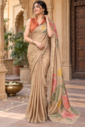 Satin Silk Printed Saree With Unstitched Blouse(Beige)