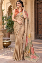 Satin Silk Printed Saree With Unstitched Blouse(Beige)