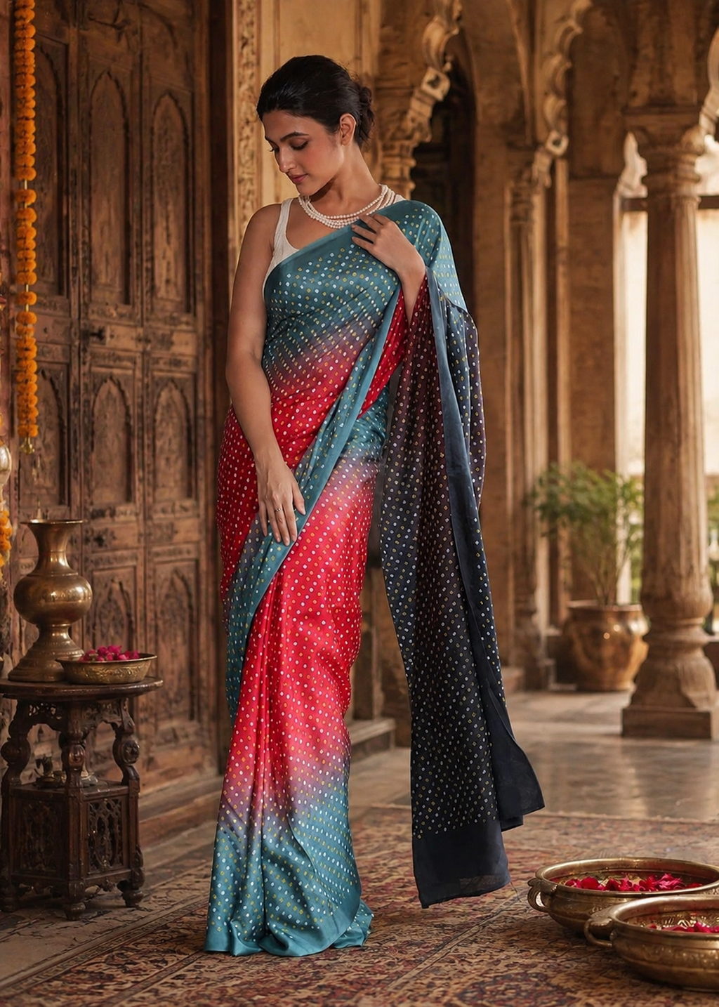 Chinon Silk Bandhani Print Saree With Unstitched Blouse(Red)