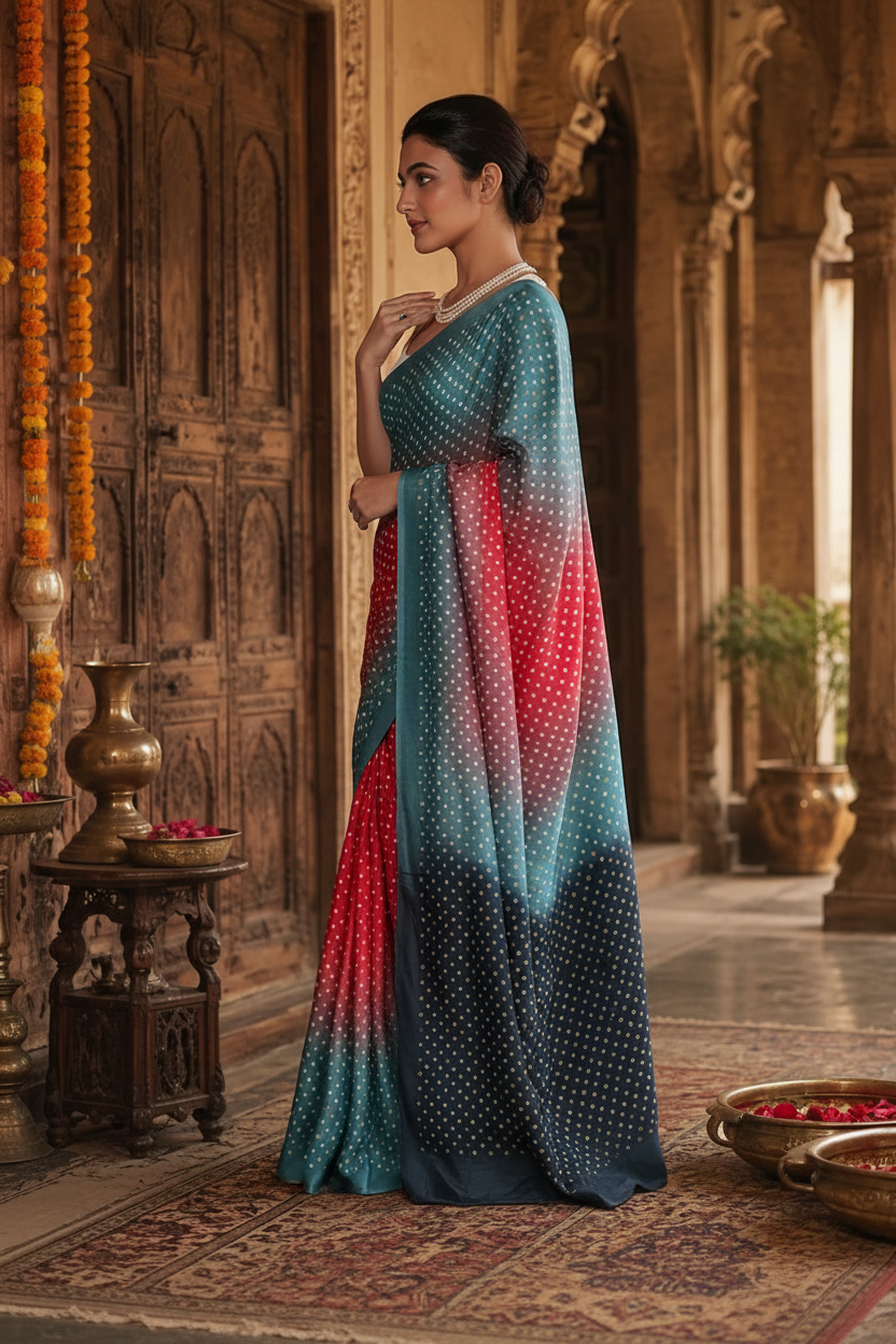 Chinon Silk Bandhani Print Saree With Unstitched Blouse(Red)