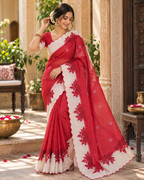 Premium Linen Digital Print Cut Work Border Saree With Ustitched Blouse (Red)