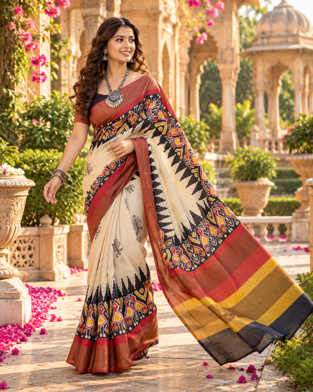 Tussar Silk Kalamkari Print Saree With Unstitched Blouse(White)