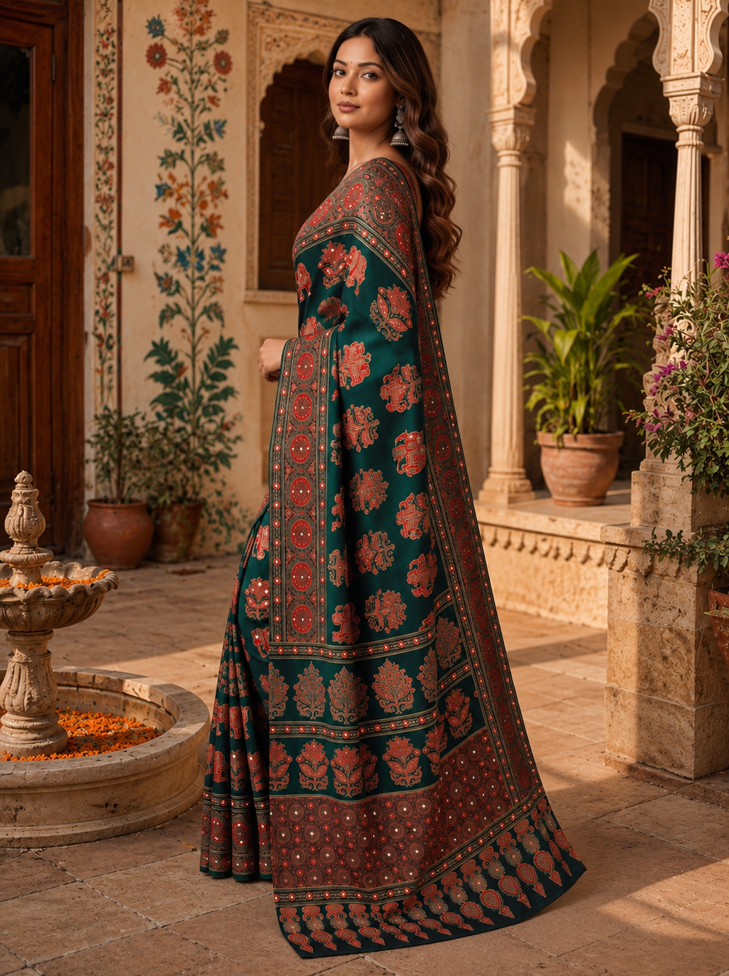 Crepe Silk Ajrakh Printed Saree With Unstitched Blouse(Green)