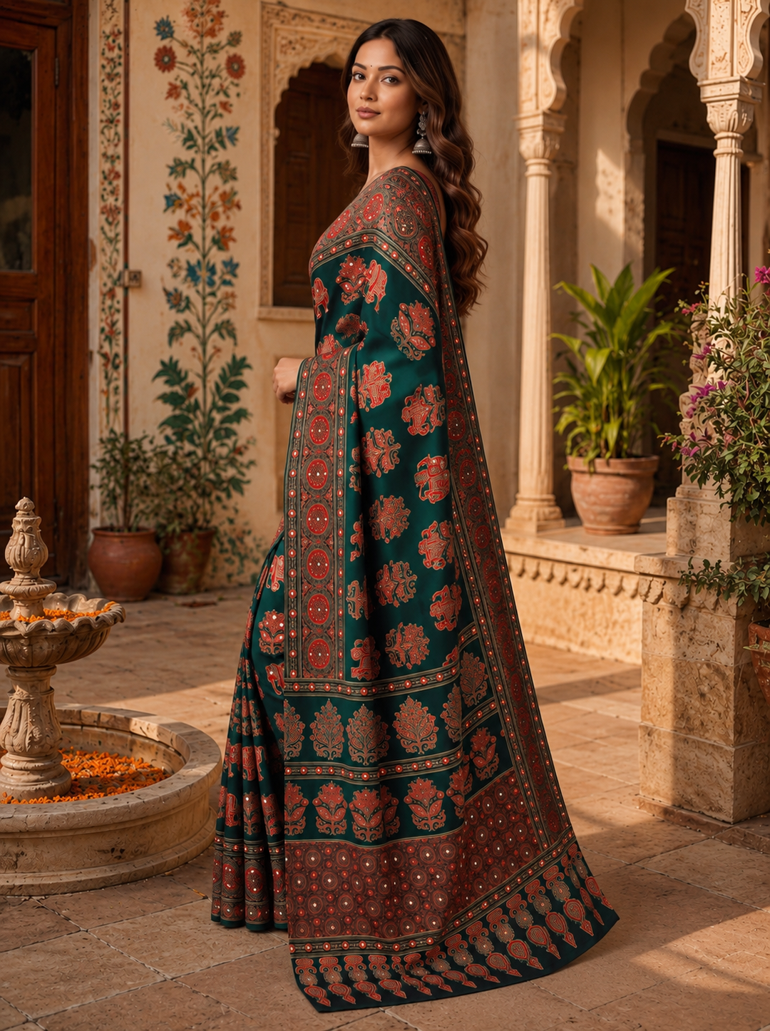 Crepe Silk Ajrakh Printed Saree With Unstitched Blouse(Green)