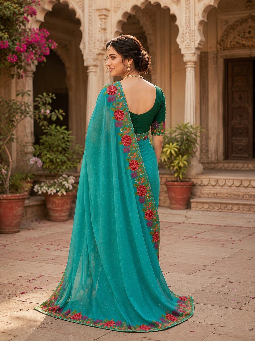 Star Georgette Heavy Work Saree With Unstitched Blouse(Blue)