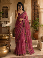 Star Georgette Ready To Wear Embroidery Work Saree With Unstitched Blouse (Maroon)