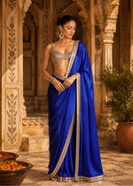 Load image into Gallery viewer, Premium Satin Silk Embroidery Work saree With Unstitched Blouse(Blue)
