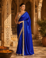 Load image into Gallery viewer, Premium Satin Silk Embroidery Work saree With Unstitched Blouse(Blue)
