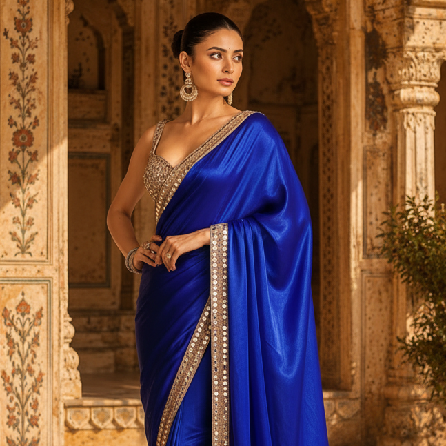 Premium Satin Silk Embroidery Work saree With Unstitched Blouse(Blue)