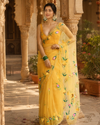 Organza Silk Ready To wear Printed Saree With Unstitched Blouse(Yellow)