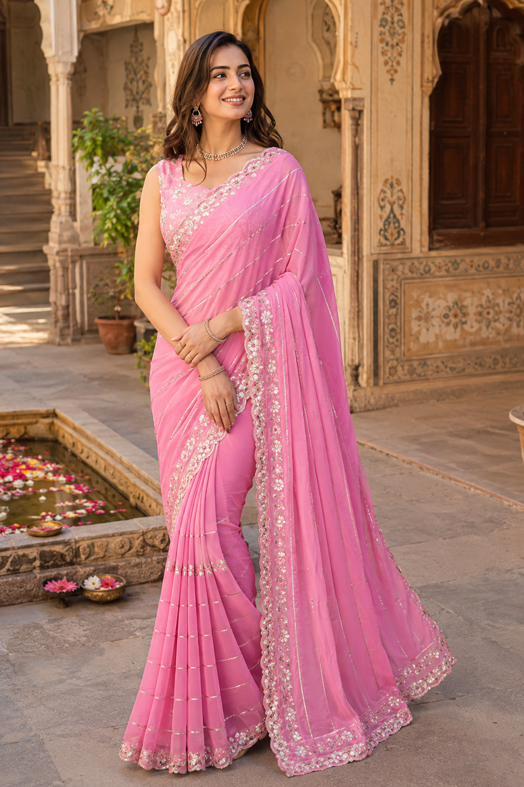 Georgette Sequins Work Saree With Unstitched Blouse(Pink)