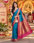 Premium Paithani Katan Silk Butti Saree With Zari Border Unstitched Blouse (Blue)