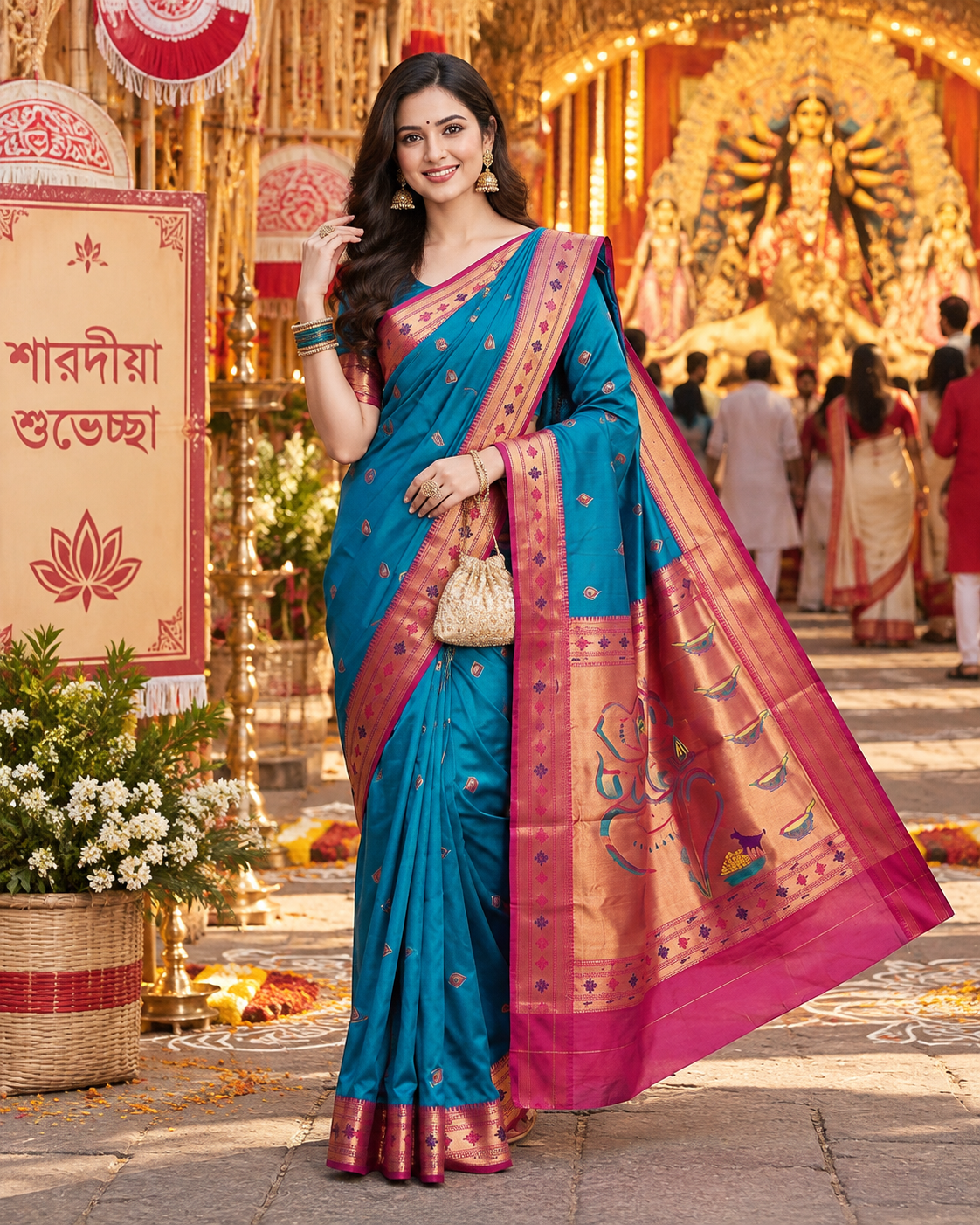 Premium Paithani Katan Silk Butti Saree With Zari Border Unstitched Blouse (Blue)