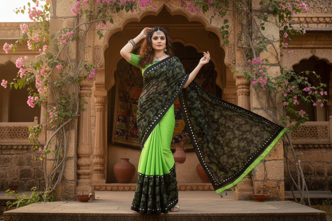 Women's Lycra Blend Saree with Blouse (Pista, 5-6 Mtrs) Kashvii
