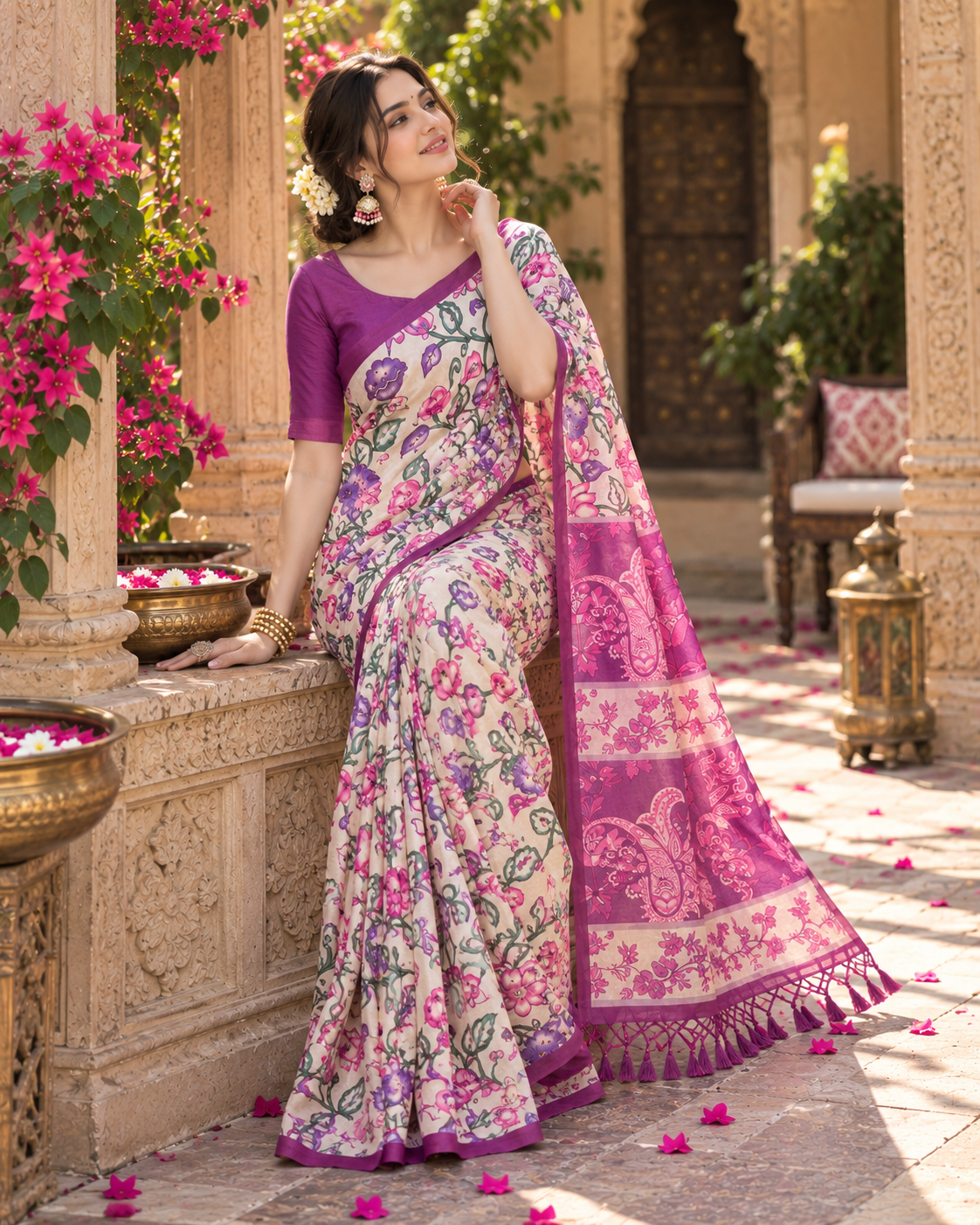 Tussar Silk Kalamkari Printed Saree With Unstitched Blouse(Purple)