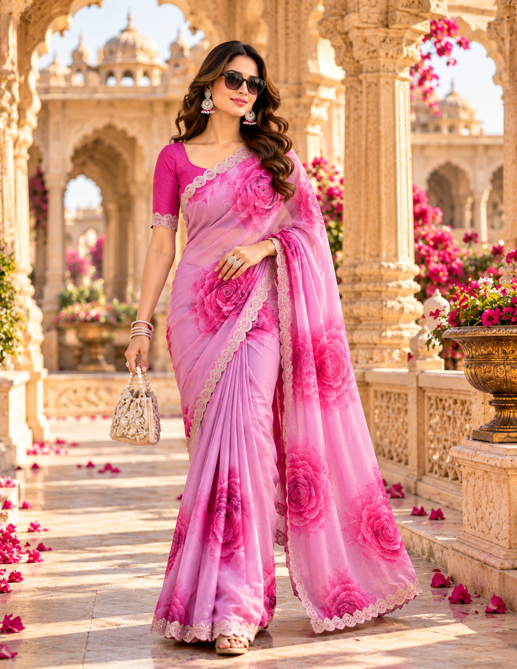 Maheshwari Silk Diamond Cut Work Saree With Unstitched Blouse(Pink)