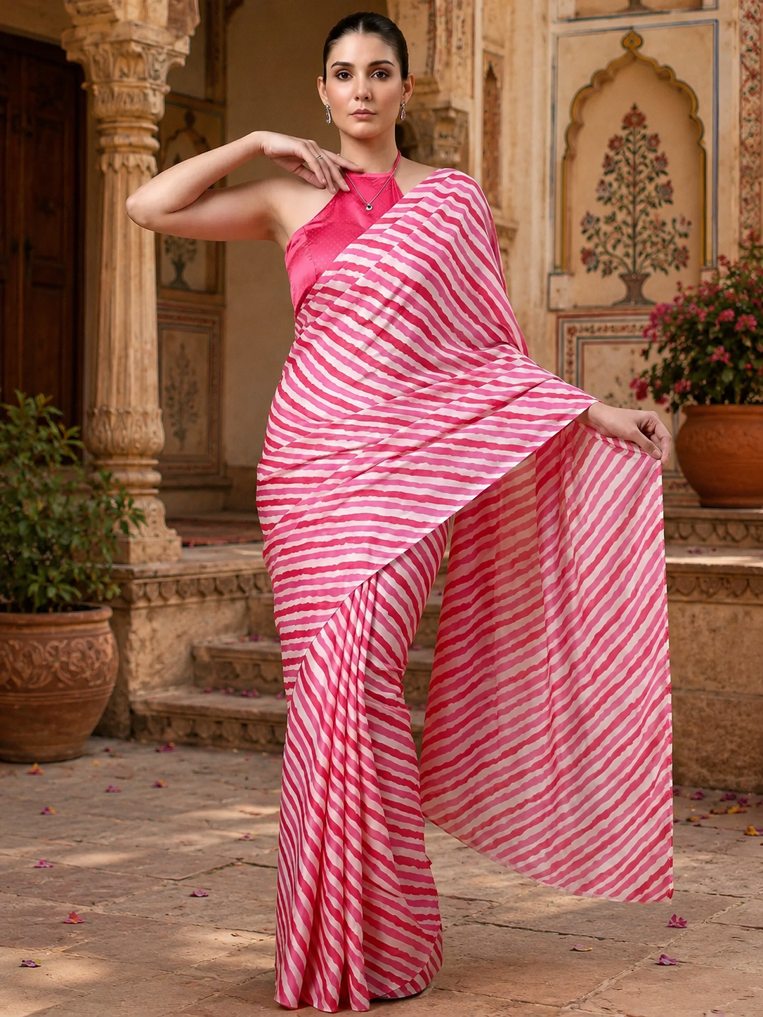 Satin Silk Party Wear Saree With Unstitched Blouse(Pink)