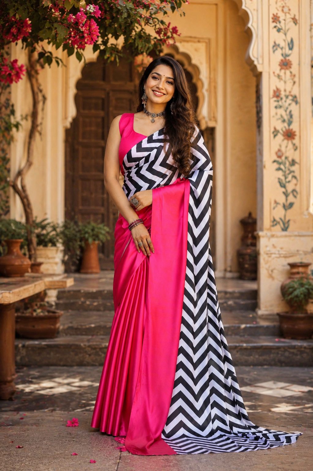 Premium Satin Silk Saree with Unstitched Blouse(Pink)