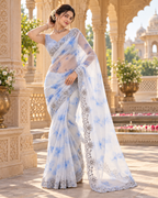 Soft Space Silk Embroidery Sequin Work Saree With Unstitched Blouse(Sky)