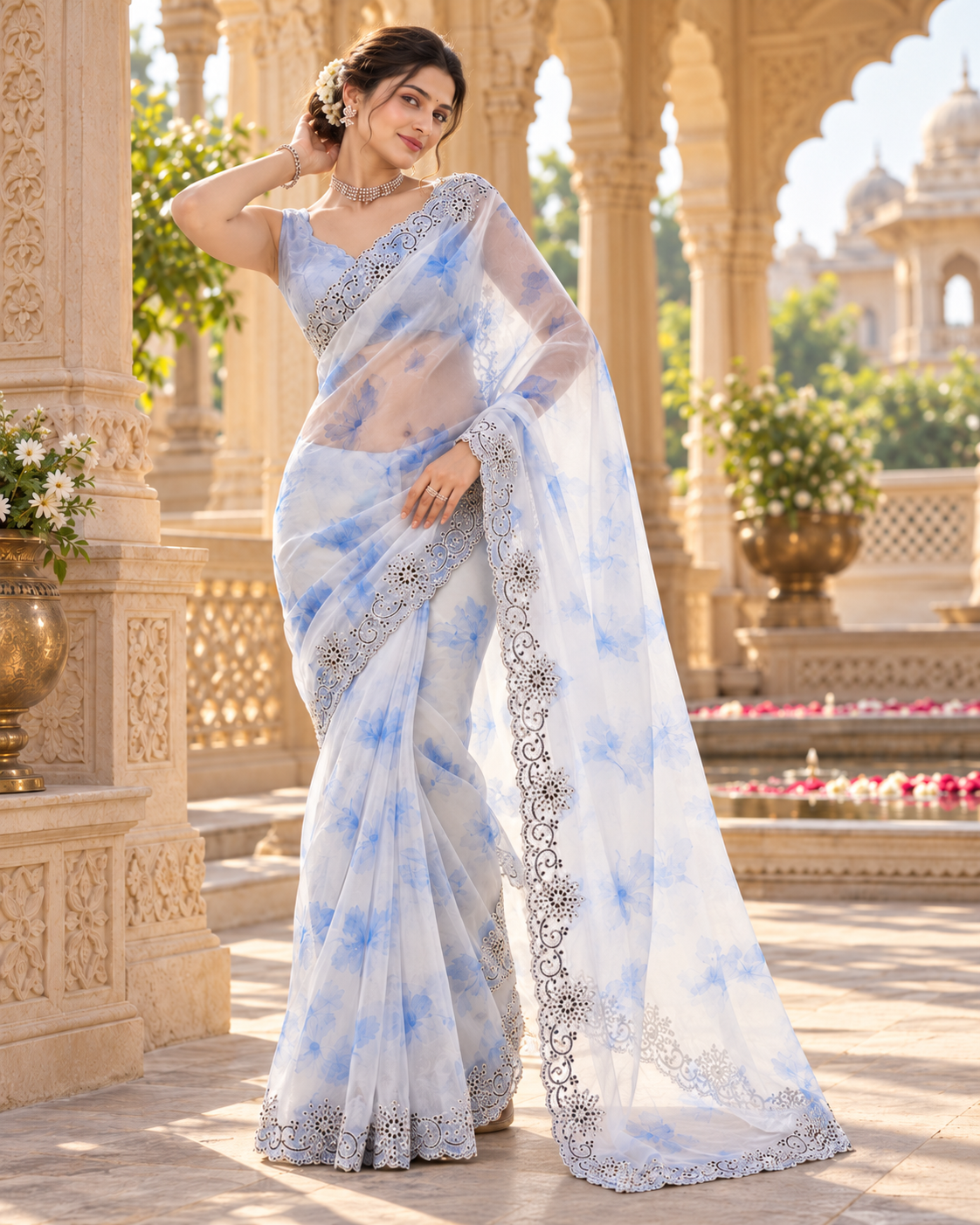 Soft Space Silk Embroidery Sequin Work Saree With Unstitched Blouse(Sky)