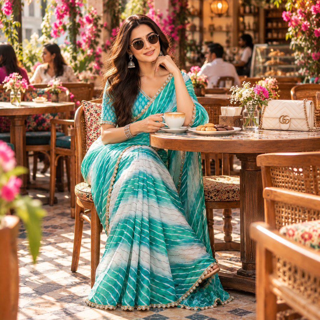 Star Space Silk Digital Print Bhungali Work Lace Border Saree With Unstitched Blouse(Blue)