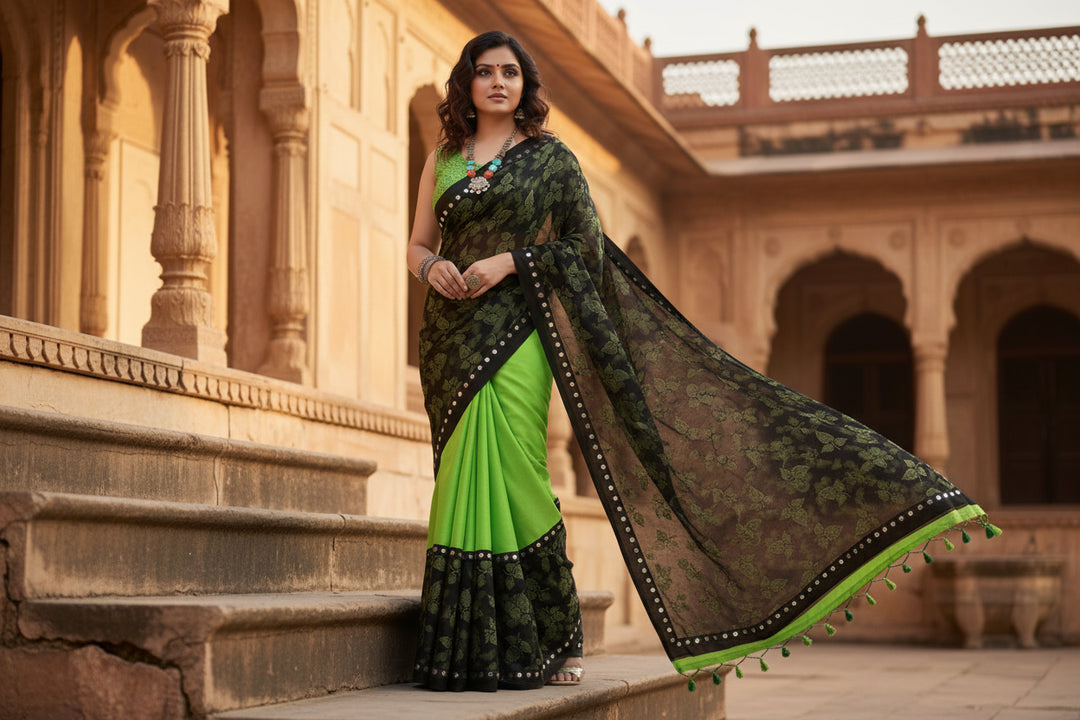 Women's Lycra Blend Saree with Blouse (Pista, 5-6 Mtrs) Kashvii