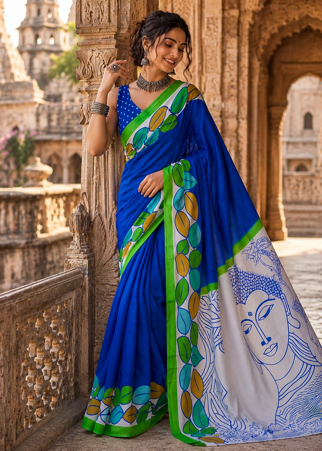 Pure Mulmul Cotton Printed Saree With Unstitched Blouse(Blue)