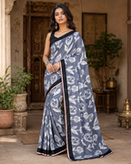 Satin Silk Printed Saree With Unstitched Blouse(Grey)