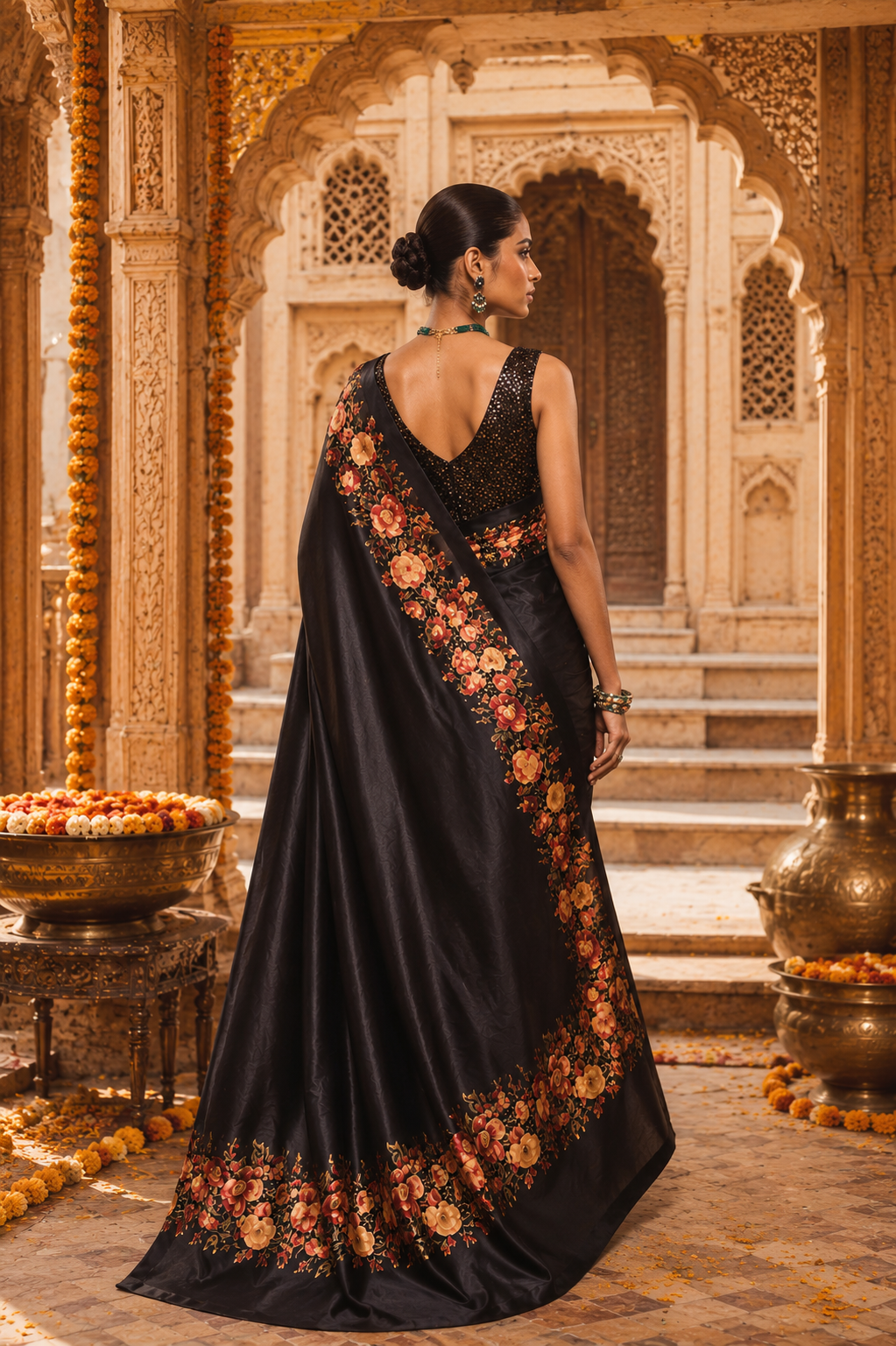 Satin Silk floral Printed saree With Unstitched Blouse( Black)