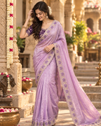 Satin Silk Zari Embroidery Sequin Work Saree With Unstitched Blouse(Lavender)