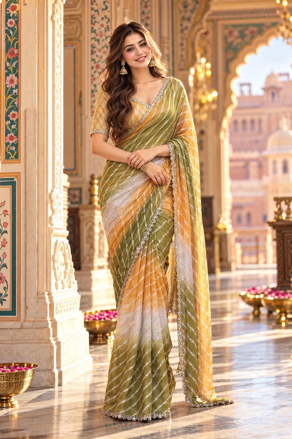Star Space Silk Digital Print Bhungali Work Lace Border Saree With Unstitched Blouse(Mustard)