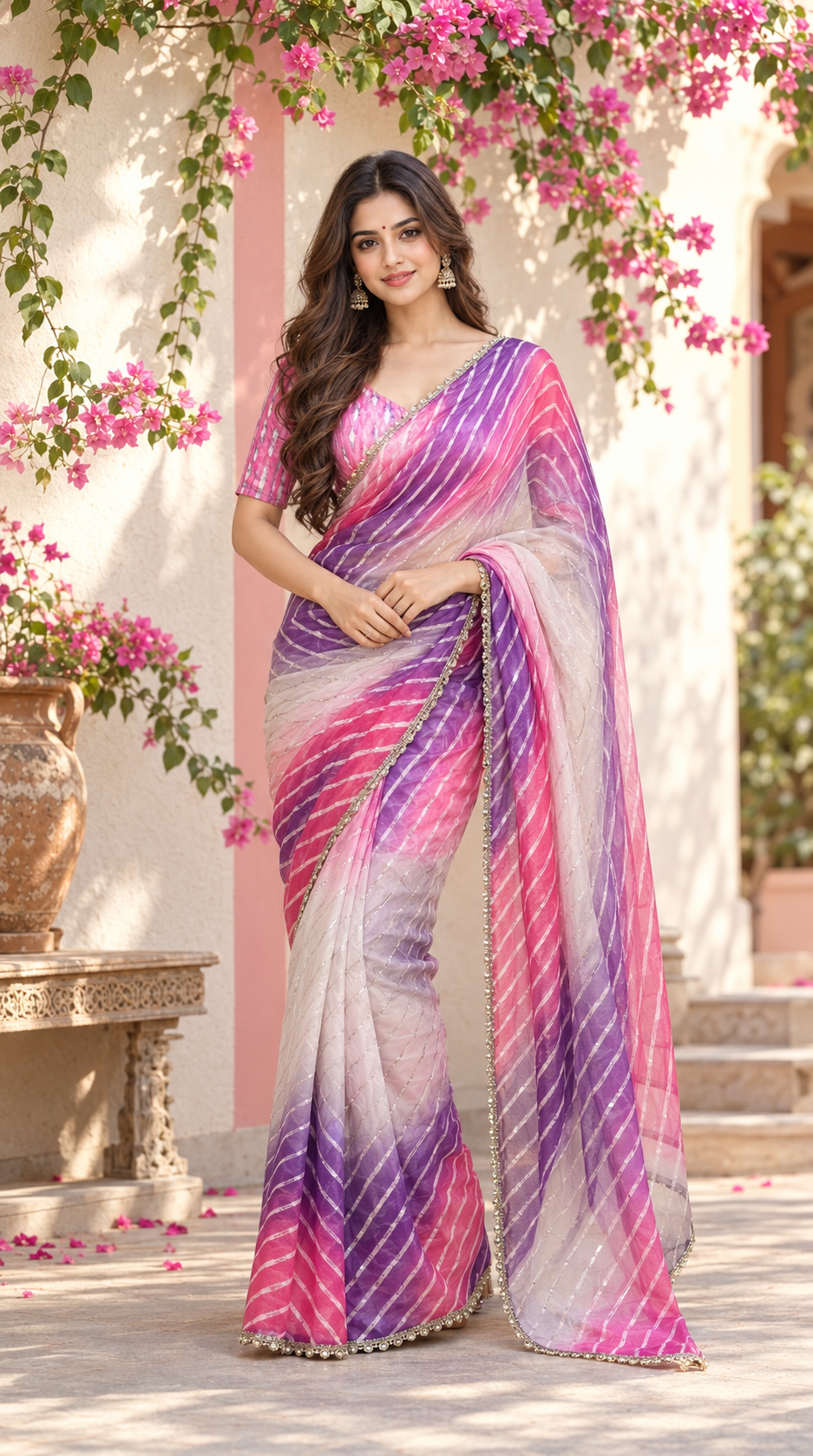 Star Space Silk Digital Print Bhungali Work Lace Border Saree With Unstitched Blouse(Pink)