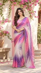 Star Space Silk Digital Print Bhungali Work Lace Border Saree With Unstitched Blouse(Pink)